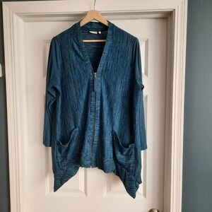 LOGO Lori Goldstein‎ Sweater Womens XL Blue Full Zip Cardigan Faux Suede Sleeve